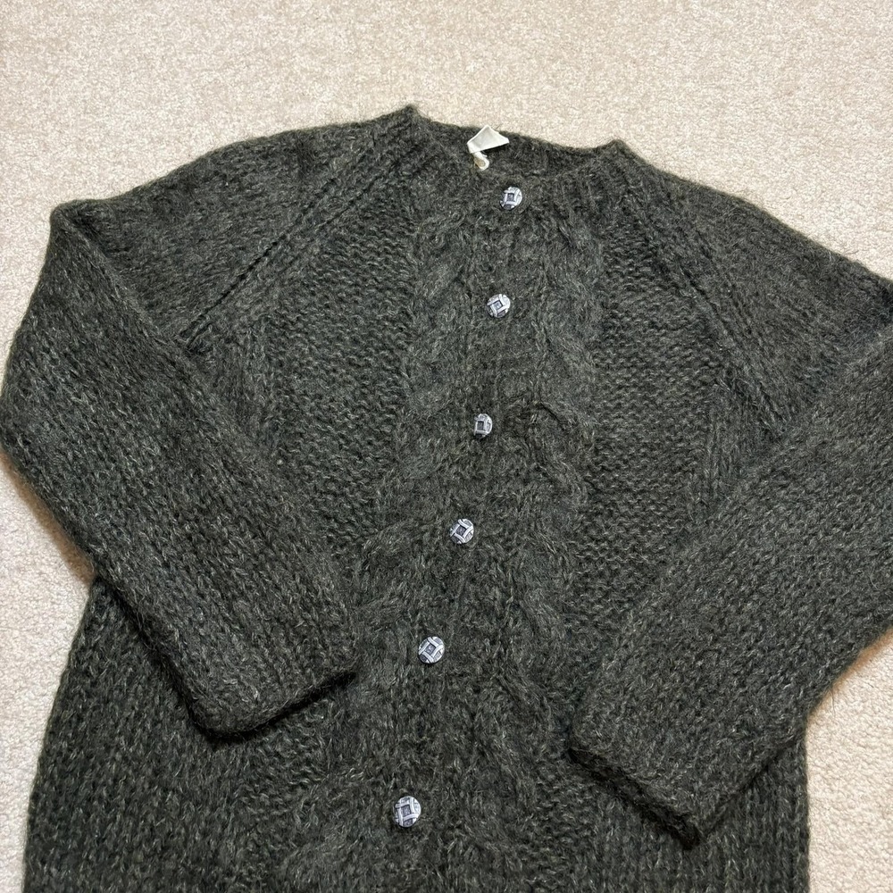 Vtg Mohair Cardigan Sweater Womens M Green Hand Knit Cable Shaggy Grunge 50s 60s - Picture 4 of 9
